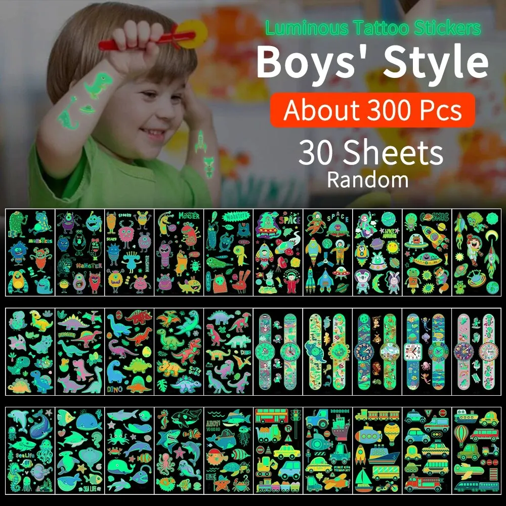 30ชิ้นสติกเกอร์รอยสักเรืองแสงสำหรับเด็กสติกเกอร์รูปตัวการ์ตูนรูปตัวยูนิคอร์นรูปสัตว์ไดโนเสาร์และผีเสื้อของขวัญ