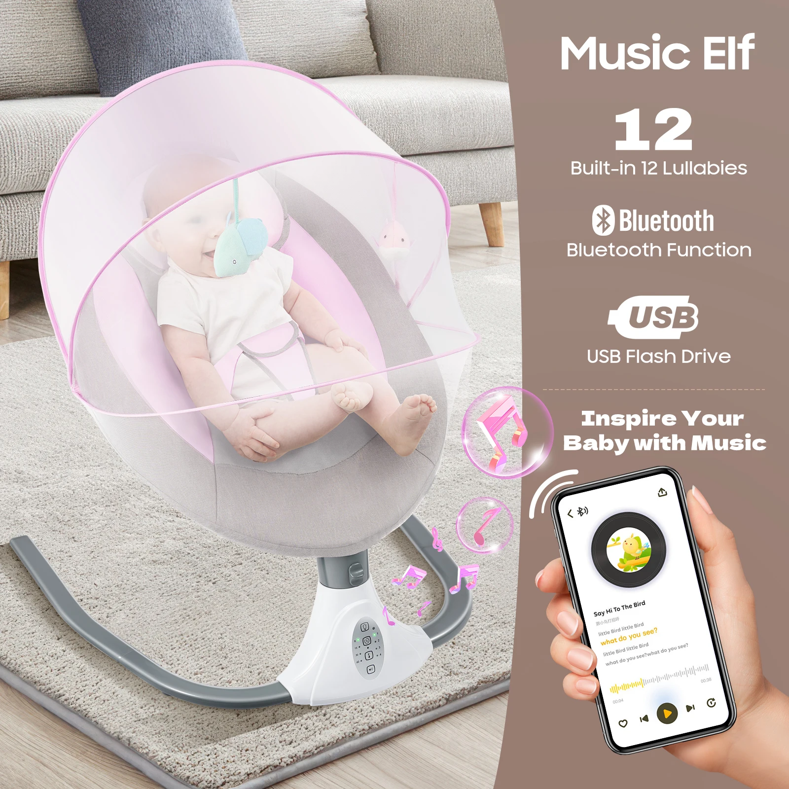 Balançoire électrique pour bébé de 0 à 18 mois, berceau à bascule musical pour bébé avec parasol et moustiquaire, bascule à 4 vitesses, avec télécommande
