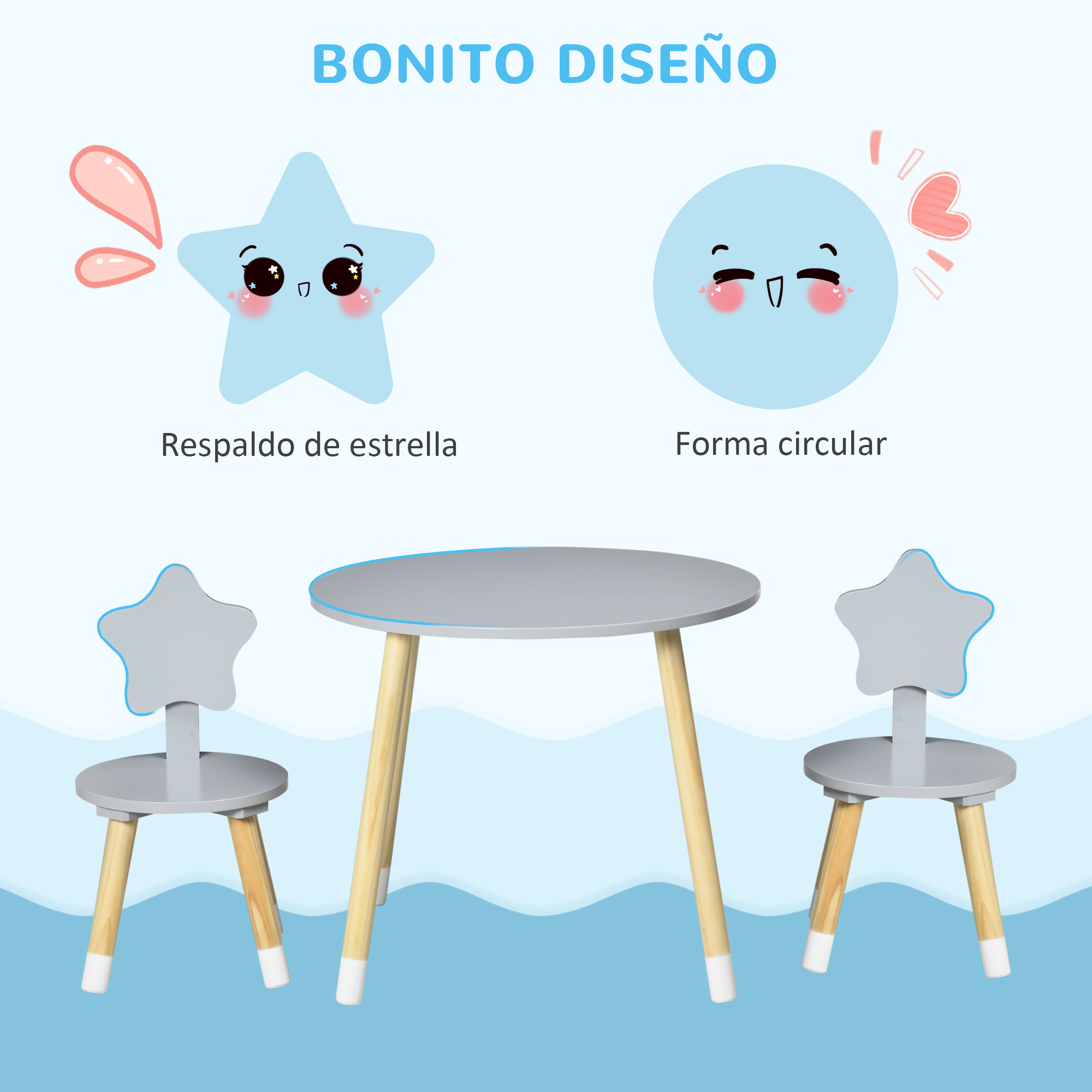 HOMCOM Juego de Mesa 2 Sillas de Madera para Niños para Sala de Juego Dormitorio