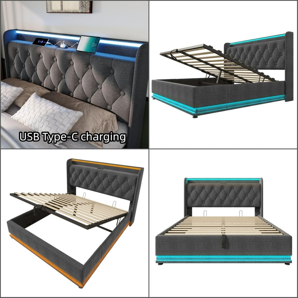 Queen Size Bed Frame with Storage, 360 Surround LED Lights, Buttons, App or Remote Control, Upholstered Headboard Linen Platform