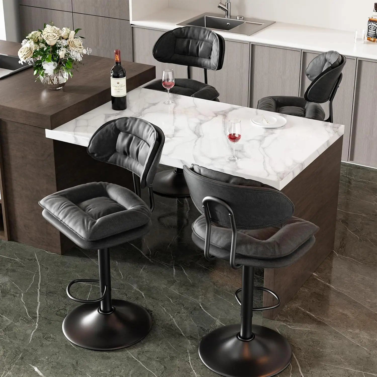 Modern Bar Stools Set of 4, Ergonomic Performance Fabric Upholstered Bar Stools with Back, Double-Layer Adjustable Swivel