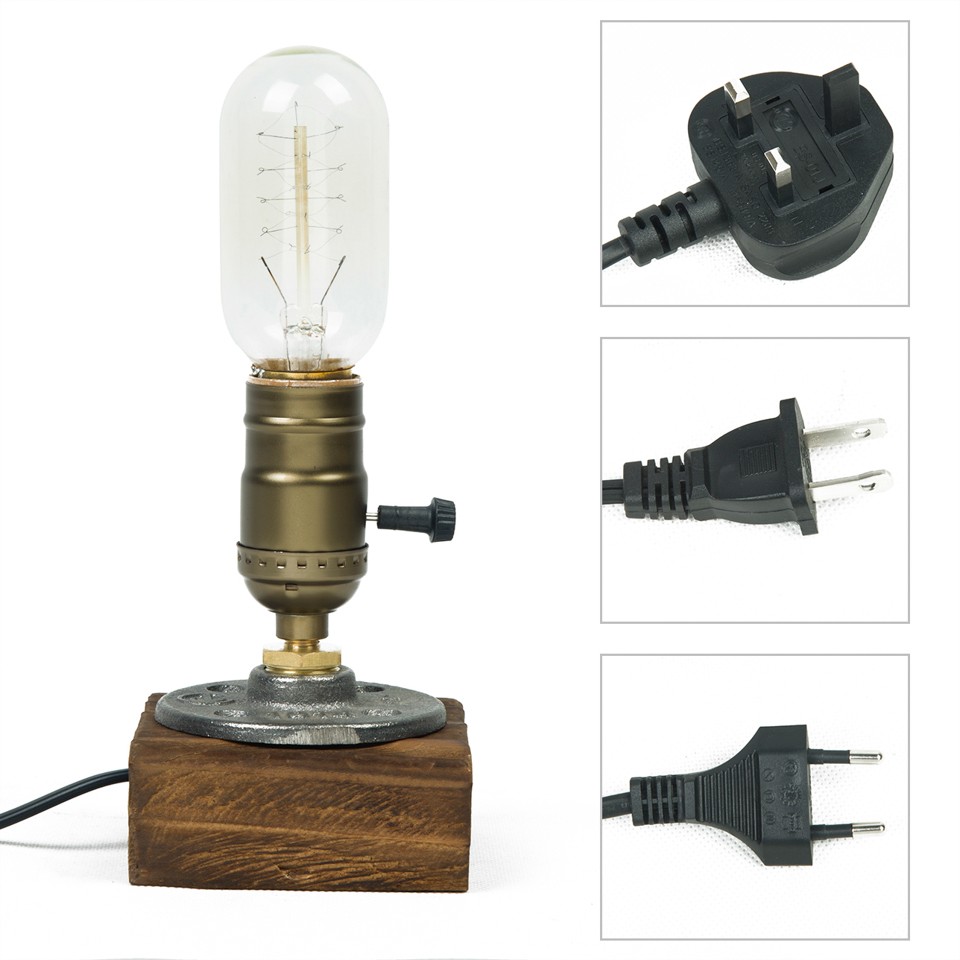 Luces de mesa LED industriales con interruptor, lámpara de escritorio de madera, decoración Retro para el hogar, regalo de arte creativo, luz nocturna