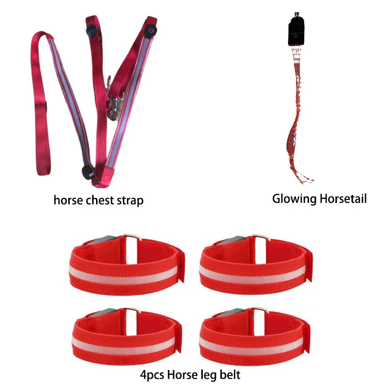 Conjunto de 3 peças de tiras de cauda de peito para pernas de cavalo com led, ternos equestres luminosos, luzes noturnas, equipamentos de cavalo visíveis