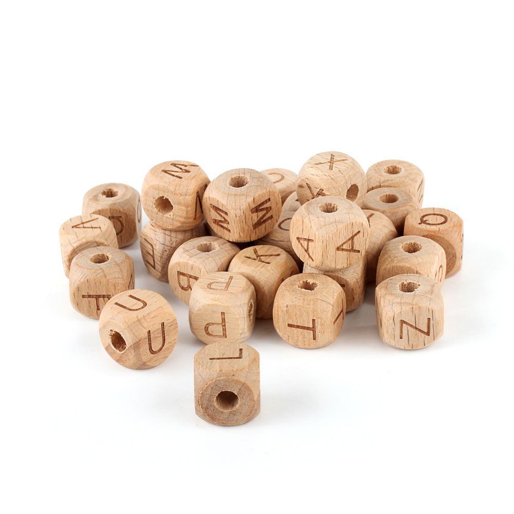 10/100/300/500/1000 Uds cuentas de letras de madera mordedor para bebé DIY cadena de chupete para la dentición 12mm alfabeto inglés cuentas de madera Natural