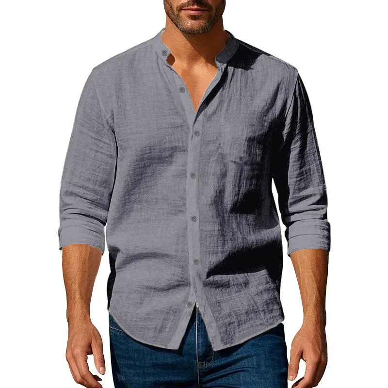 Camisa de lino de algodón para hombre, cuello Henley, Color sólido, ligera, transpirable, ajustada, camisa de un solo pecho, manga larga con botones