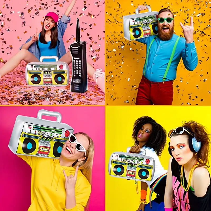2 pçs conjunto de brinquedos de rádio infláveis dos anos 90, decorações de festa, brinquedos de balão em forma de telefone hip-hop temático discoteca festa de aniversário adereços