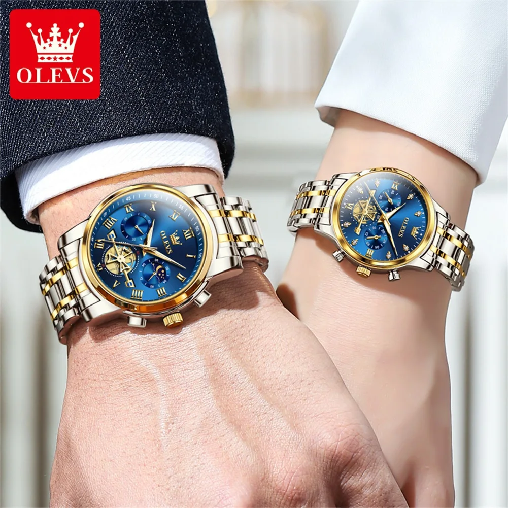 Olevs-カップルのためのステンレス鋼のクォーツ時計、愛好家、月のフェーズ、発光とファッショナブル、高級ブランドセットのための防水時計