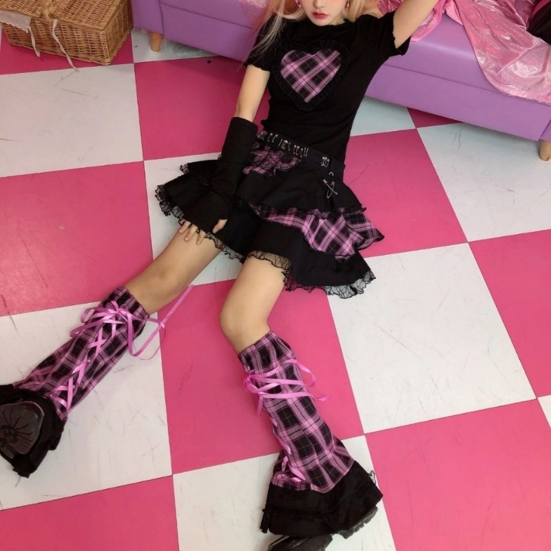Sock Sleeves Japan Punk Y2K Female Cool Pink Grid Rock Sweetheart Legging Appear Thin Hottie Plaid Pattern Ribbons Lovely Lace