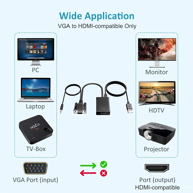 VGA TO HD Converter High-definition Audio Video Cable Adapter VGA Input HDMI-compatible Output for Computer Laptop TV Projector