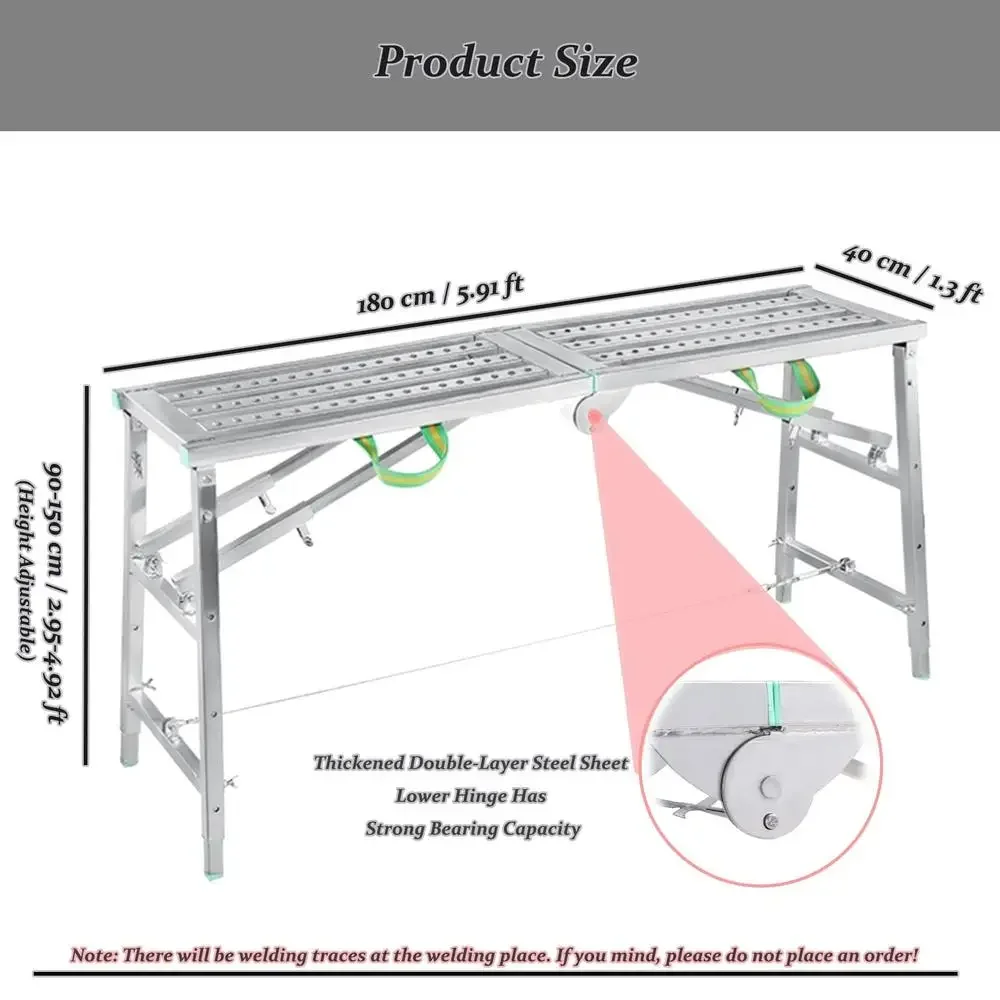 Adjustable Portable Folding Scaffolding Work Platform Sturdy Galvanized Steel Bench with Double Support Rods Home DIY Jobs and