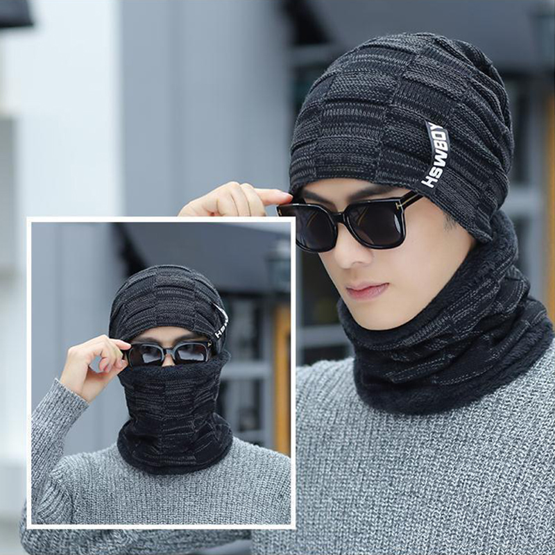 Winter Hat Scarf Set for Men Knitted Beanie with Scarves Thick Soft Plush Keep Warm Accessories Fashion