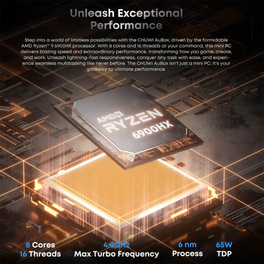 CHUWI AuBox Mini-PC AMD Ryzen 9 6900HX 16 GB DDR5 512 GB SSD Windows 11 4K 60 Hz Display AI-Link WiFi 6 BT 5.1 Erweitern Sie M.2 2T * 2