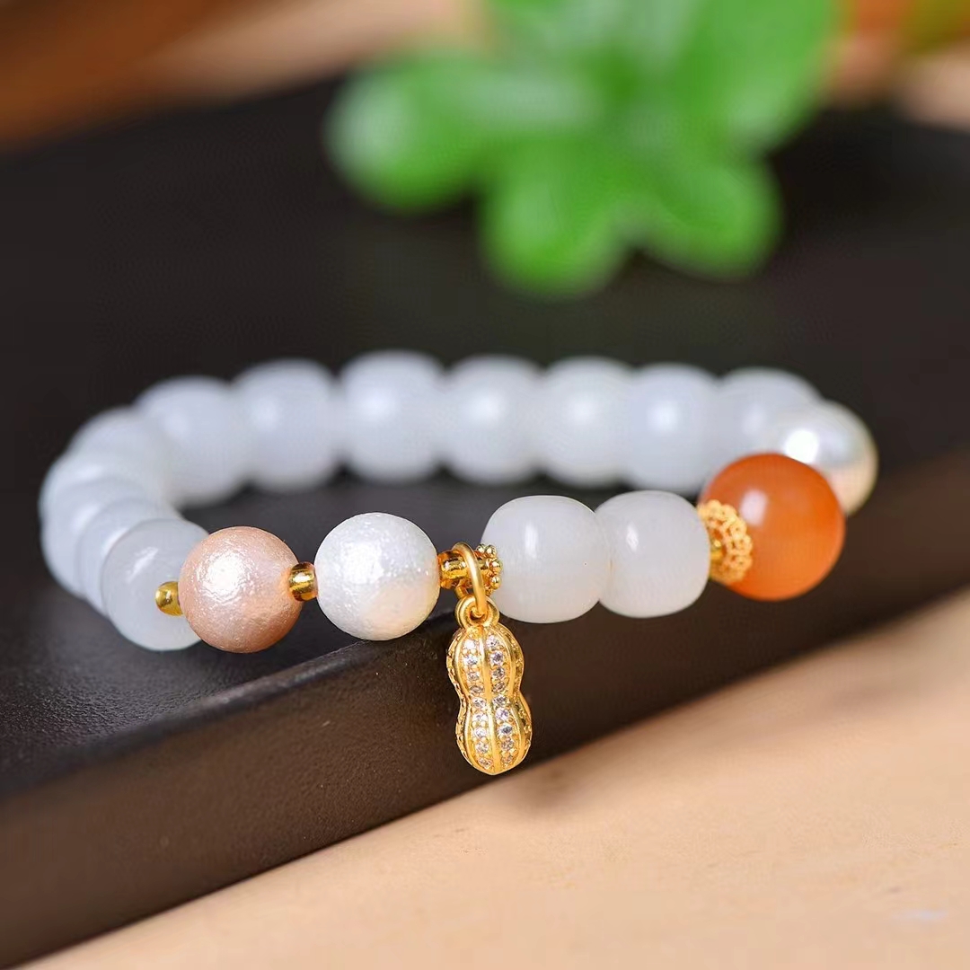 Golden Silk Jade Hand Chain White Apple Beads Natural Stone Elastic Bangle Exquisite Women Gemstone Bracelets Charms Jewelry