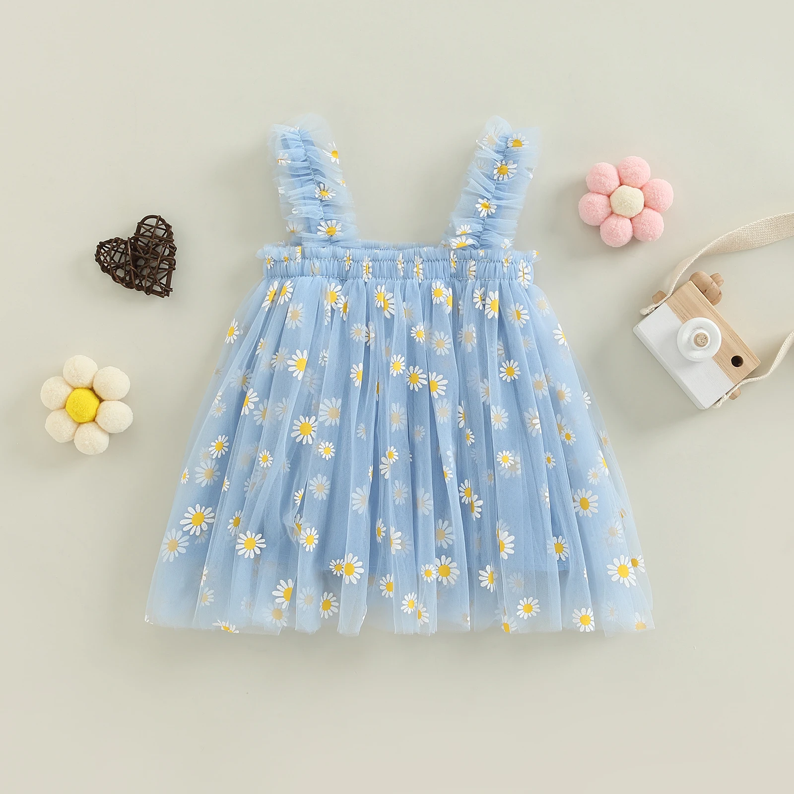 Tregren เด็กวัยหัดเดินชุดสลิงฤดูร้อนแขนกุด Daisy พิมพ์ A-Line Tulle เจ้าหญิง A- Line ชุดเด็กชุดวันเกิด