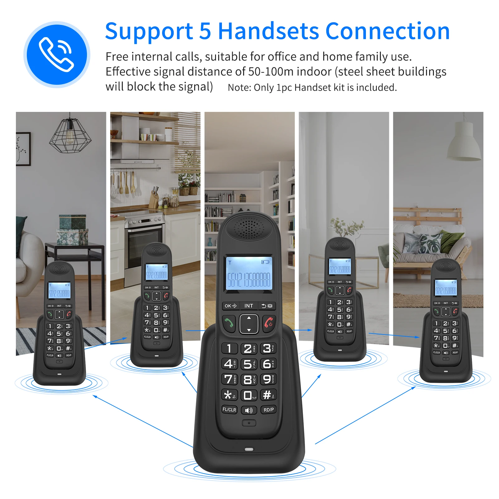 Sistema de telefone sem fio expansível com 3 linhas de exibição ID do chamador Chamadas mãos-livres Interfone Conferência Chamada Função de mudo