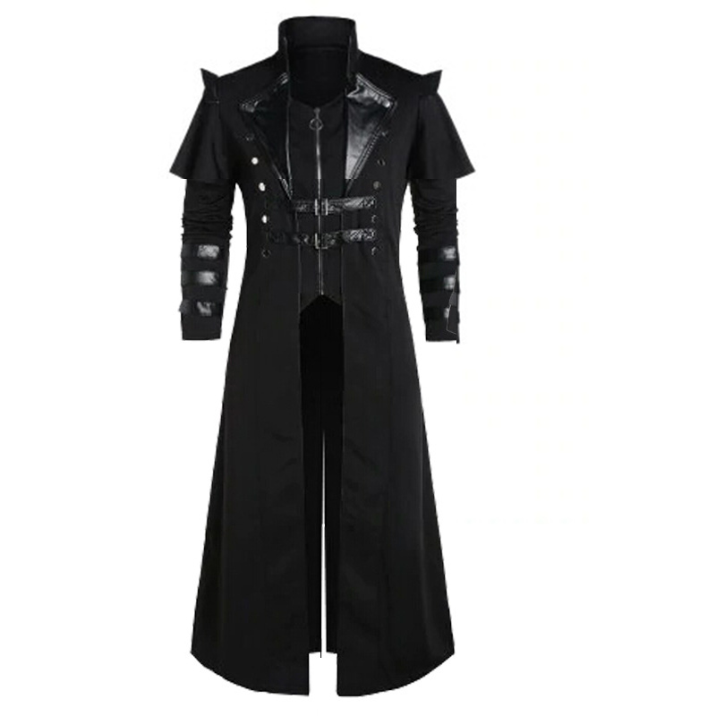 Halloween Medieval Steampunk Assassins Elfen Pirate Kostüm Für Erwachsene Schwarz Vintage Lange Split Jacke Gothic Rüstung Leder Mäntel