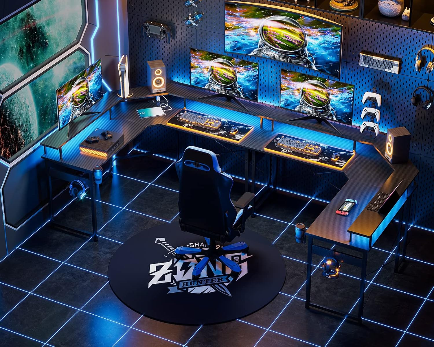 Réductions à durée limitée--ODK Bureau Gaming avec LED, Bureau d'angle Gaming avec Prises et Ports USB, Bureau Gaming Angle avec Support pour Moniteur, Noir Carbone, 129x129 cm