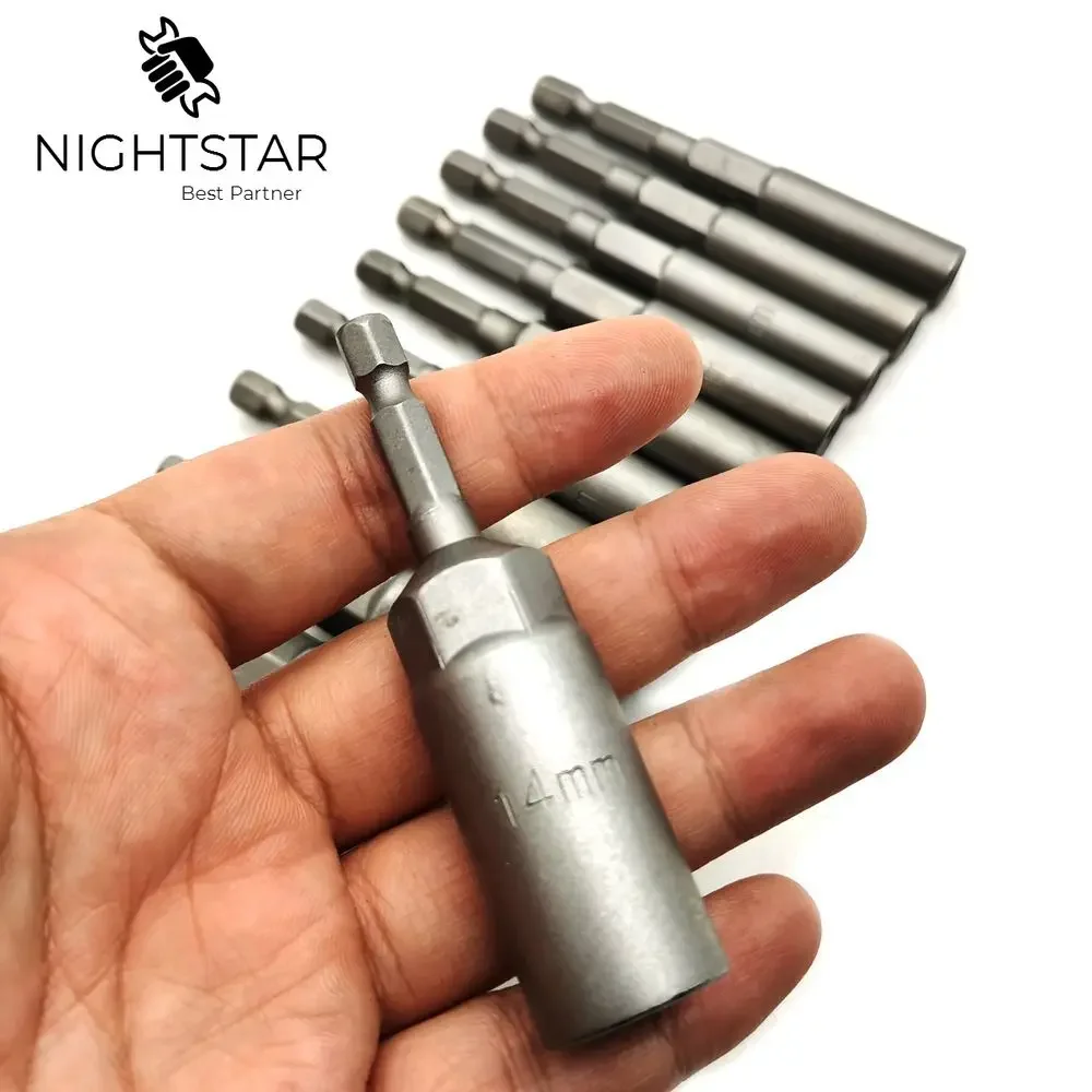 10 Chiếc 80Mm Chiều Dài Điện Công Suất Không Từ Tính Tuốt Nơ Vít Đai Ốc Lái Xe Bộ Tác Động 1/4 "Chuôi Lục Giác Hệ Mét Cờ Lê Ổ Cắm Bit 5.5-14Mm