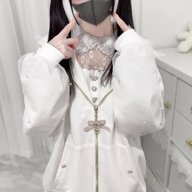 Coelho moletom com capuz y2k orelha de coelho com capuz lolita jaqueta arco meninas pérola jk japão renda kawaii zíper cardigan manga comprida topo