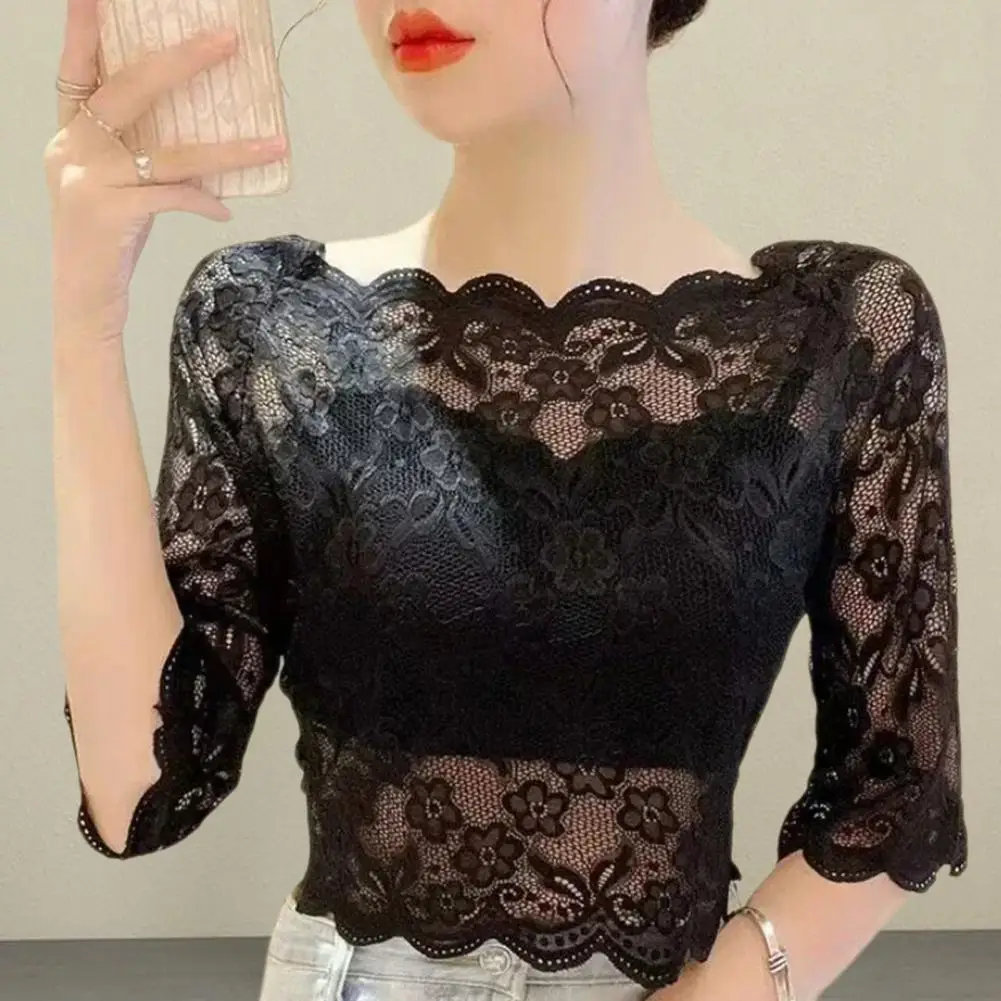 夏の花レースブラウス黒、白長袖トップセクシーな女性の Tシャツ透明クロップドトップス Tシャツトップススリムレディース Tシャツ