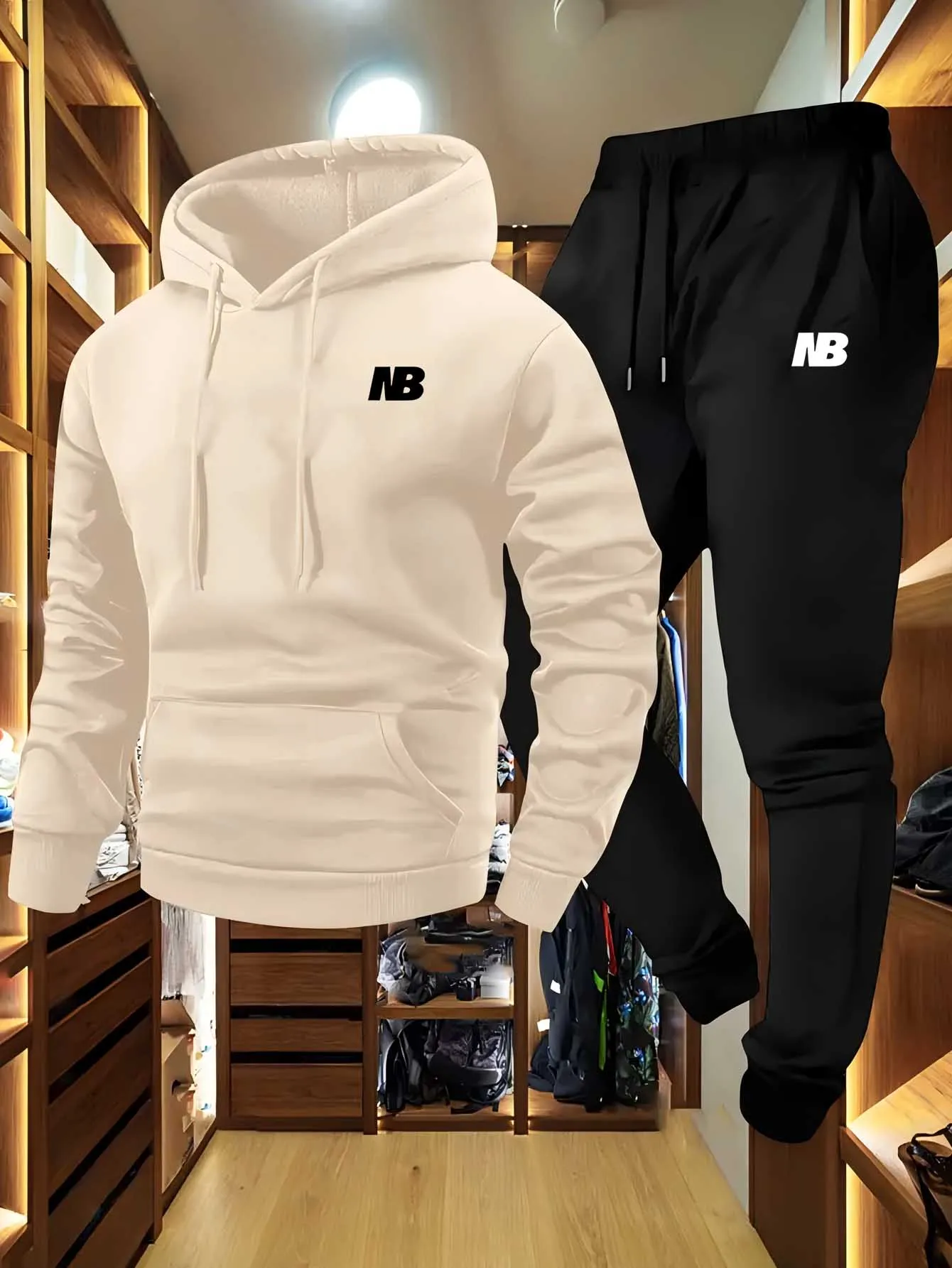 Sportliches zweiteiliges Herren-Set mit Kapuze und Hose, grau-schwarzes Logo, nicht dehnbar, normale Passform, mit Taschen für Herbst/Winter