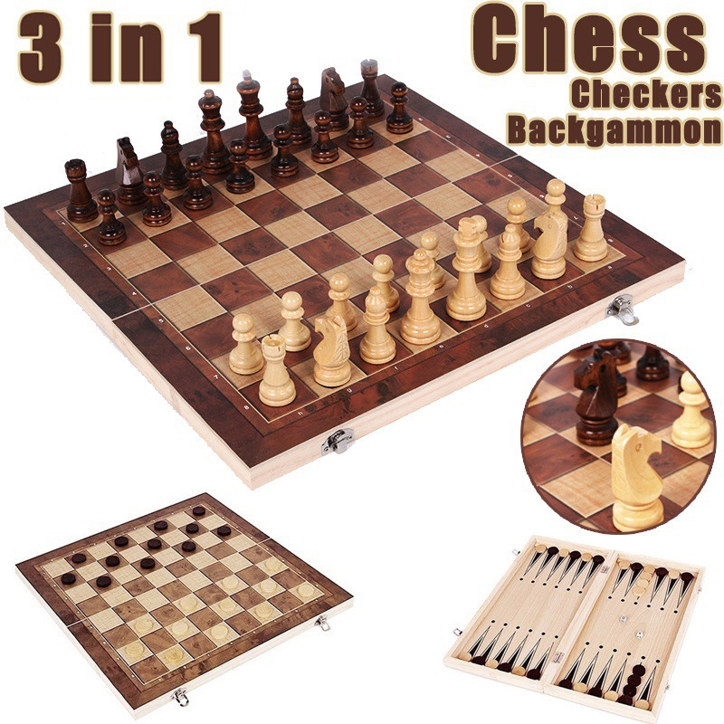 Xadrez internacional dobrável 3 em 1, conjunto de xadrez de madeira, brinquedo educacional, jogo de tabuleiro de treinamento cerebral, peças de xadrez de madeira de alta qualidade