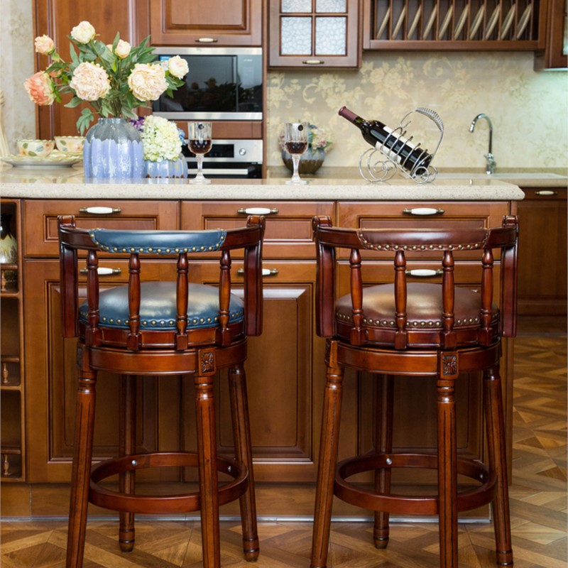 ArtisticLife-미국 단단한 나무 바 의자, 유럽식 등받이 높은 의자, 가벼운 럭셔리 레트로 가죽 회전 바 의자