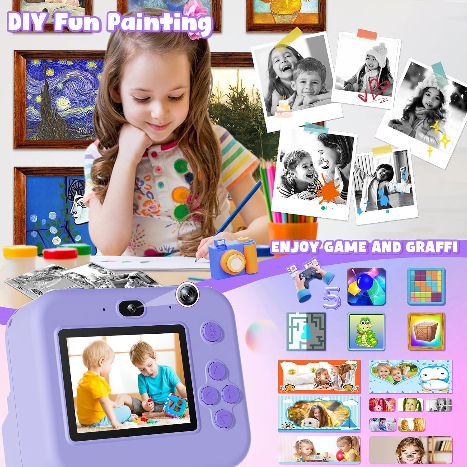 Câmera térmica de impressão instantânea com cartão 32G para crianças, mini câmera de vídeo digital HD, brinquedos educativos para meninos e meninas, presente de Halloween, 1080p