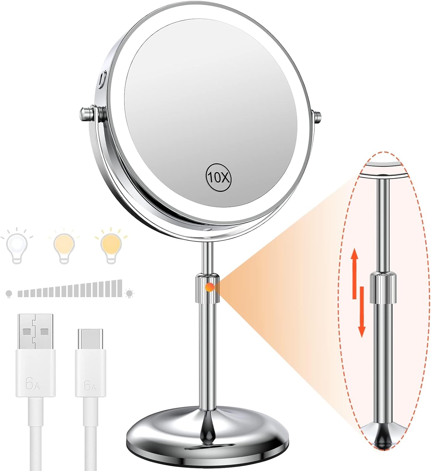 Espejo de maquillaje con lámpara de luz, 8 pulgadas, aumento de 10X, 3 luces de Color, brillo ajustable, altura de pie, espejo cosmético