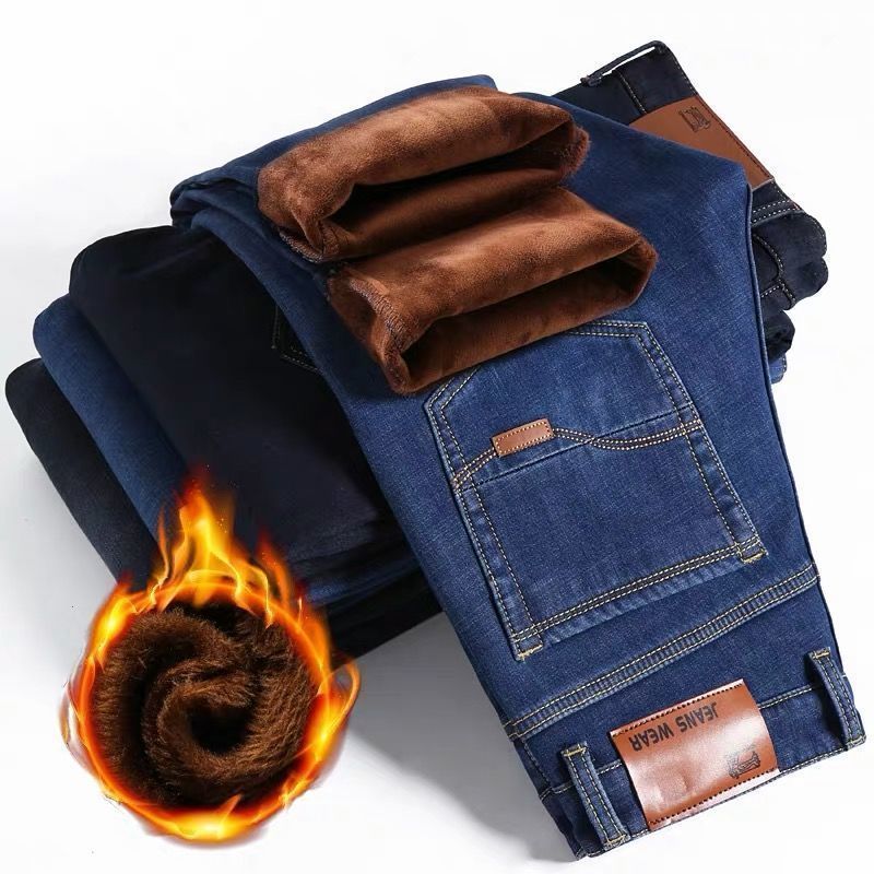 Jeans estilo coreano masculino, calças retas largas, tecido jeans escovado elegante, calça elástica grossa quente, inverno
