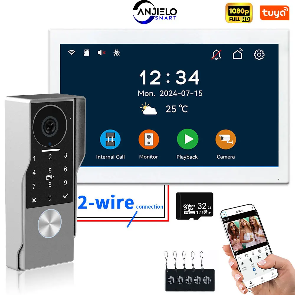 ANJIELO 2-проводной видеодомофон с приложением TUYA IC Card PIN Unlock 24 Поддержка IP-камеры Умная видеодомофонная система для дома 1080P