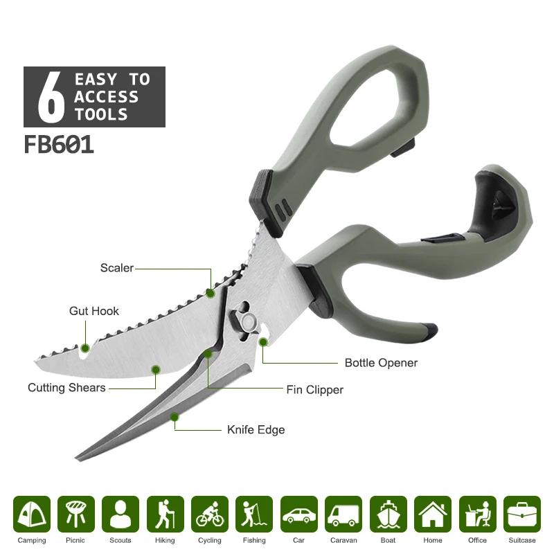 Tijeras de corte de pesca Premium, cocina resistente con cuchillas desmontables, tijeras multifunción de acero inoxidable para aves de corral