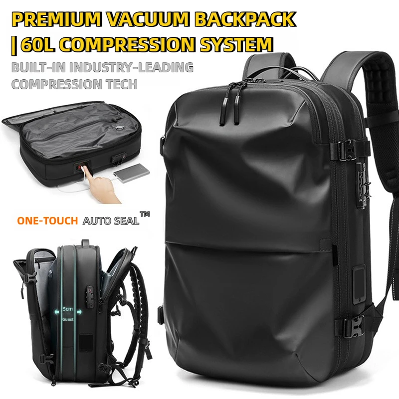 Mochila para ordenador portátil de negocios con compresión al vacío de un solo toque para hombres con bolsa de trabajo de viaje resistente al agua con expansión de 5 cm