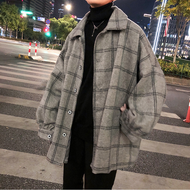 Ins Winter Korean Version Trend Jackets for Men Cloth Hong Kong Style Mid Length Lattice Windbreaker Woolen Coat Casual