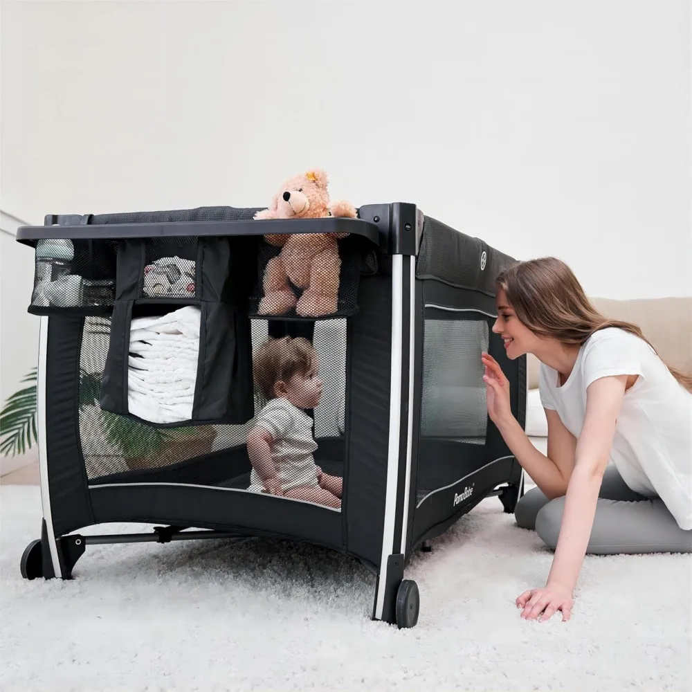 4 in 1 Portable Baby Crib Deluxe Nursery Center, Foldable Travel Playard with Bassinet, Mattress, Changing Table for Newborn,