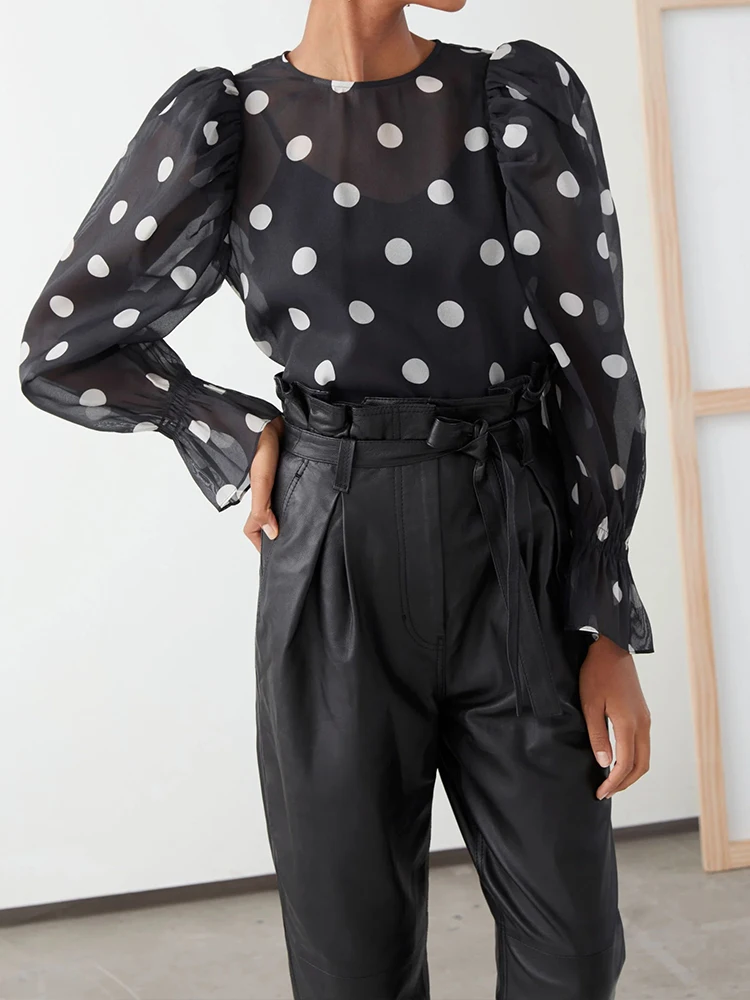 เสื้อชีฟองผู้หญิง SHEER พัฟแขนเสื้อรอบคอฤดูใบไม้ผลิแฟชั่น Polka Dot พิมพ์สบายๆโปร่งใสเสื้อ Tops 2024