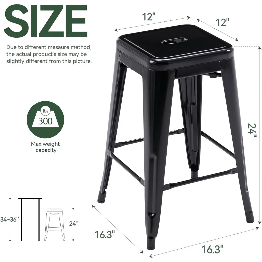 24" Bar Stools Black Backless Metal Barstools Indoor-Outdoor Counter Height Stools with Square Seat,  Set of 2
