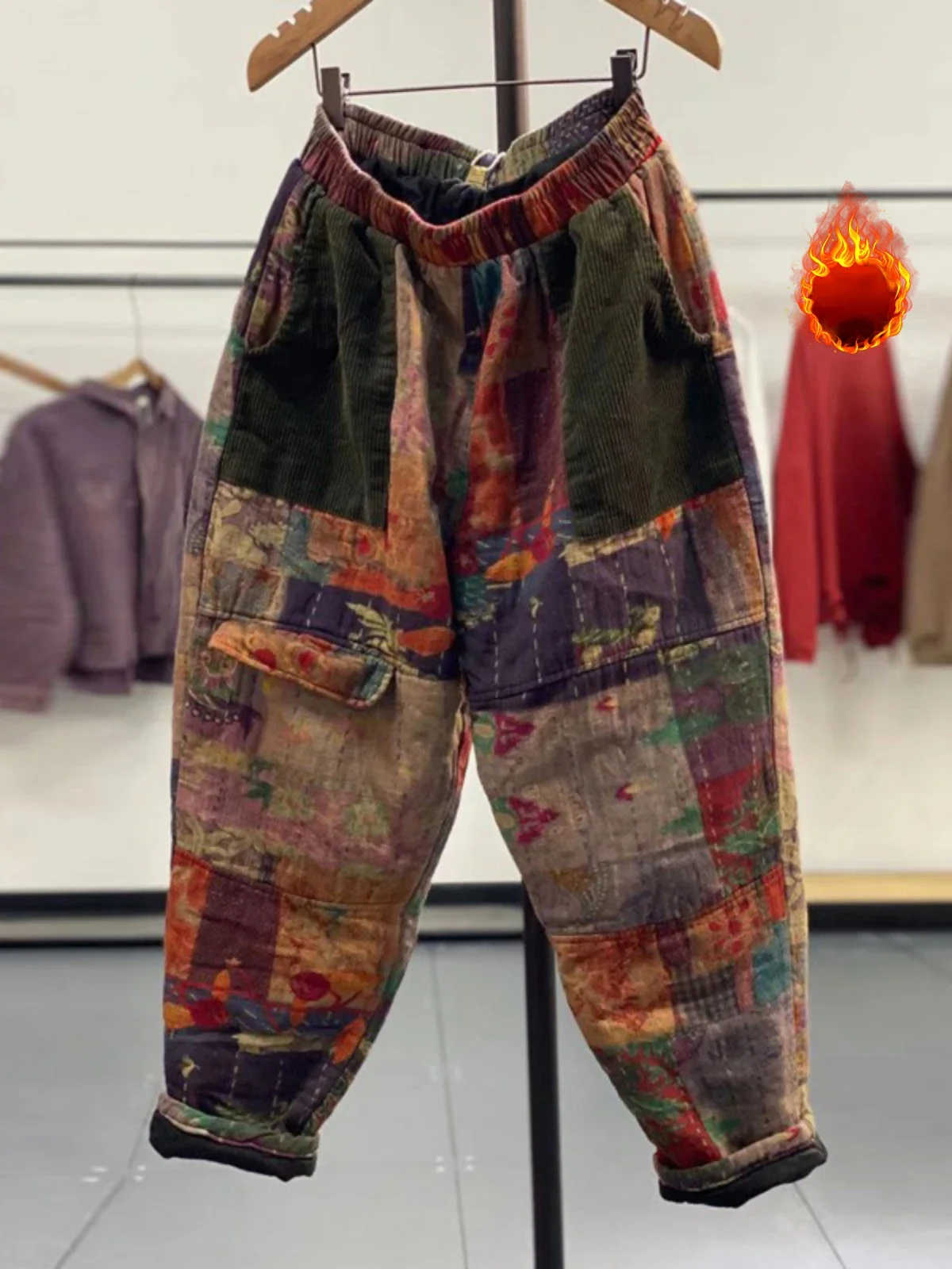 Pantalones Harem cálidos acolchados de algodón con estampado de almazuela de moda de estilo étnico para mujer, pantalones combinables con múltiples bolsillos y cintura elástica Vintage