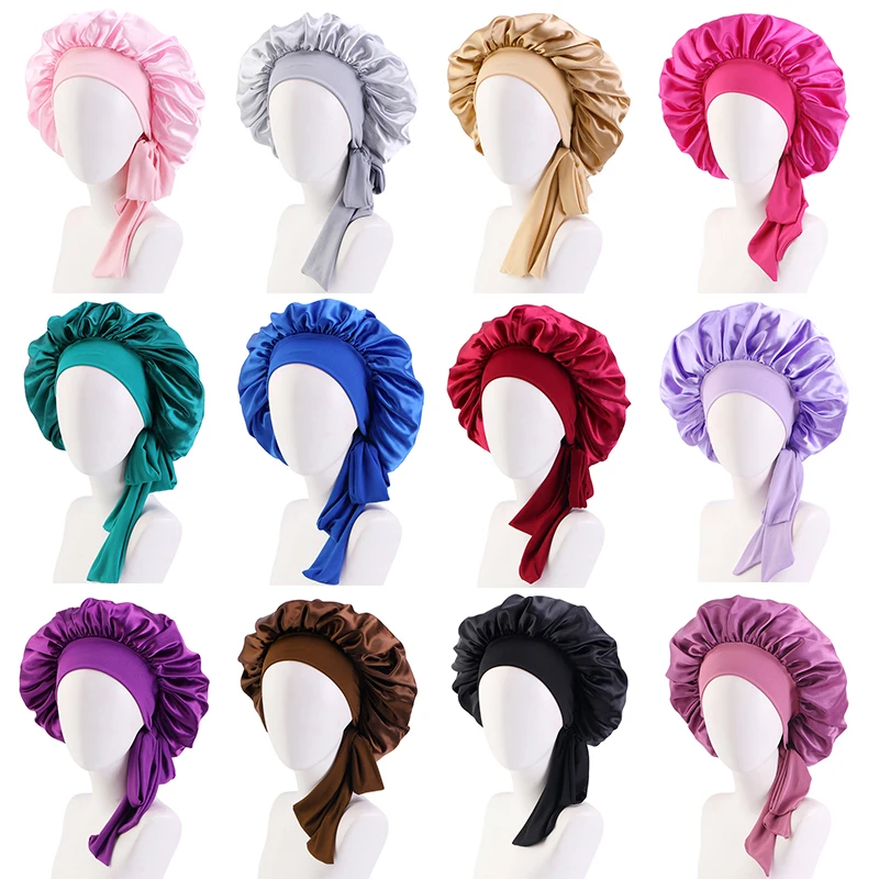 Novo chapéu de dormir feminino de cetim sólido com faixa de gravata elástica touca de banho noturna ajustável capa de cabeça de cabelo turbante
