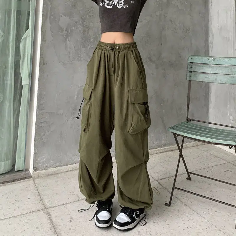 Calça casual feminina solta grande com vários bolsos, preta, multicolorida, com pernas largas