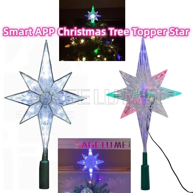 Christmas Tree Top Smart Christmas Tree Topper Star Octagonal Star DIY Music Sync Voice Remote APP Decor Holiday Xmas Tree Light