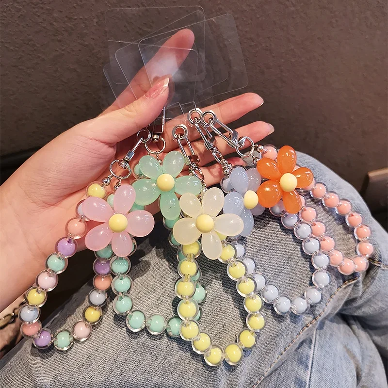 Anti-Verlust-Telefon-Schlüsselanhänger für Damen, kurzes Handgelenkband mit buntem Macaron-Perlen-Anhänger
