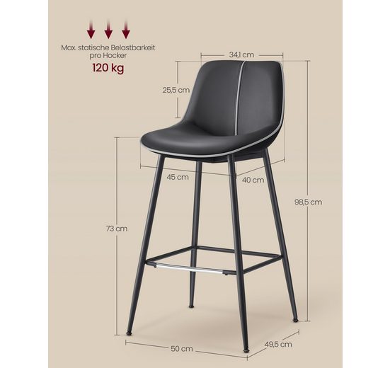 VASAGLE Barhocker (Set, 2 St), ergonomische Rückenlehne, Kunstleder