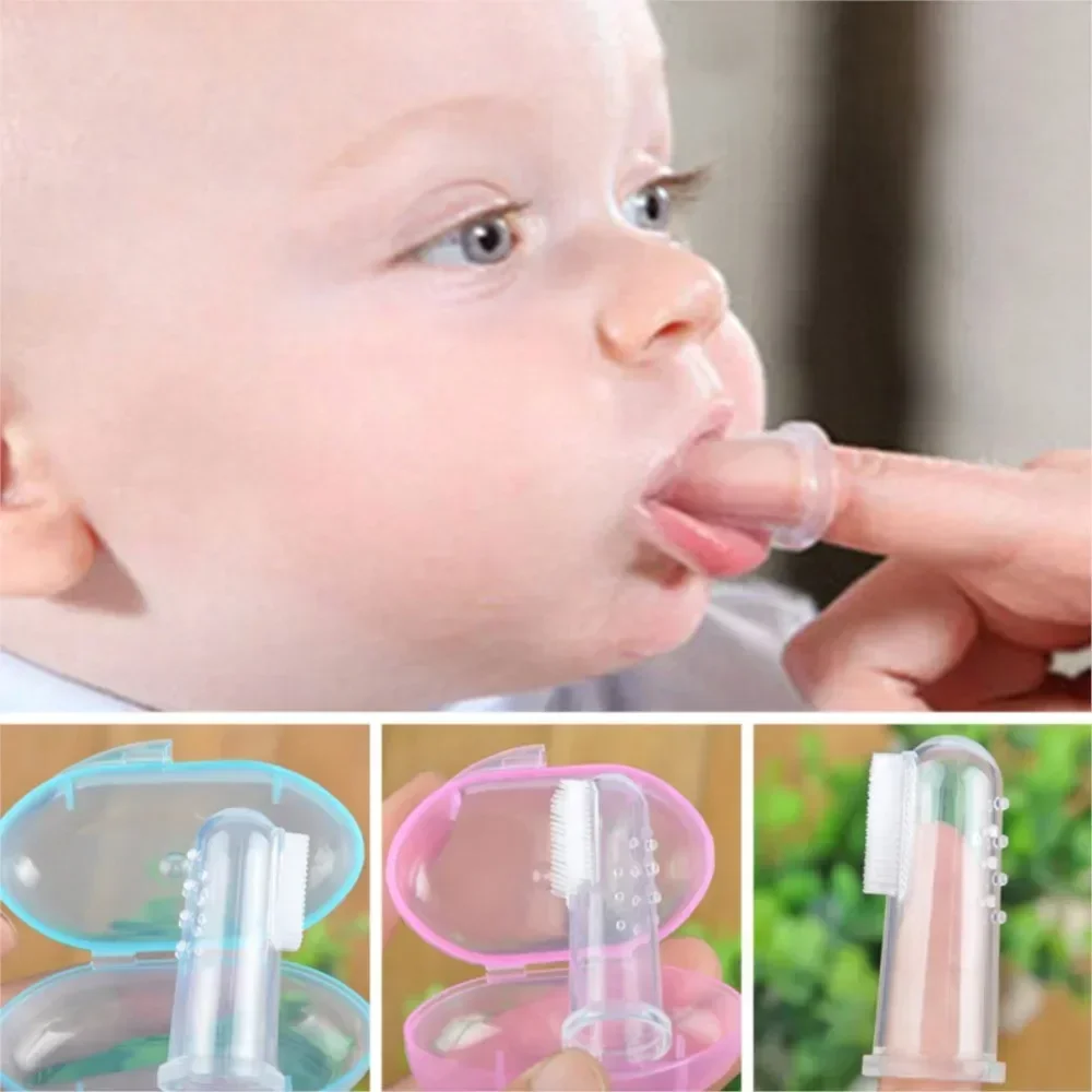 Lindo juego de caja de cepillo de dientes para dedo de bebé, masaje transparente de dientes para niños, cepillo de limpieza de goma infantil de silicona suave, masajeador, cuidado Dental