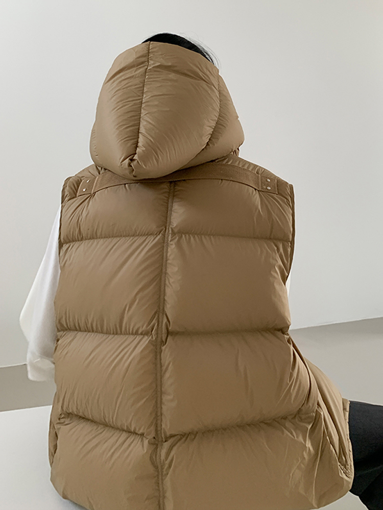 Chaqueta de plumón sin mangas para mujer, chaleco holgado con capucha, chaleco de plumón de pato blanco, ropa de exterior informal, 2024