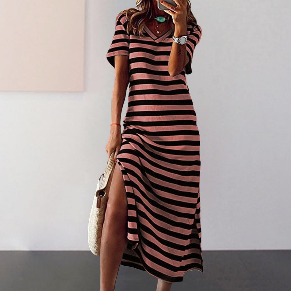 Sommer Kleider 2023 Frau Plus Größe Kleider Für Frauen Casual Streifen Druck V-ausschnitt Kurzarm Lose Lange Kleid Robe Femme