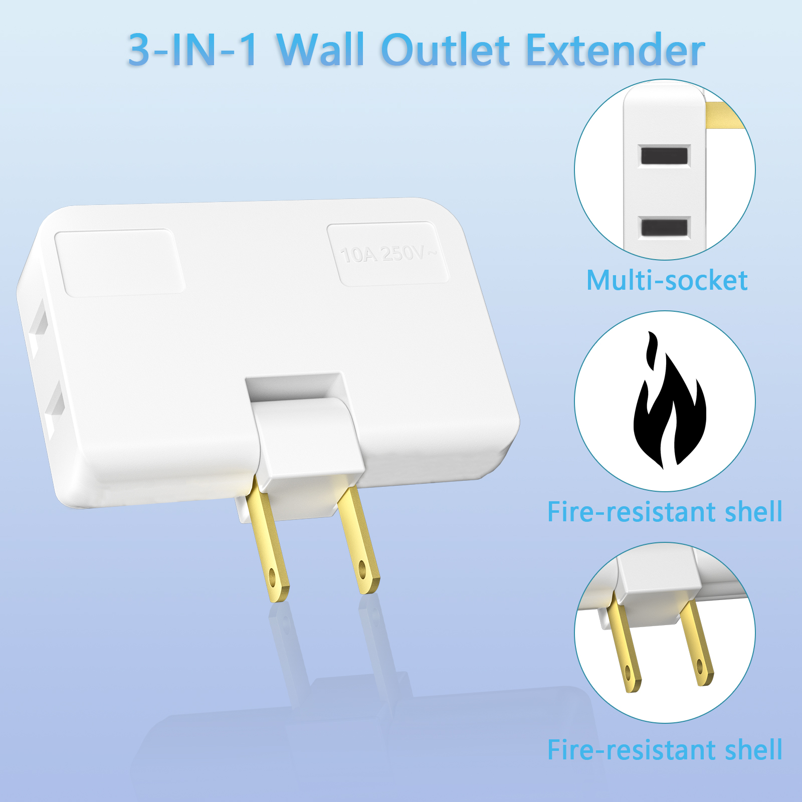 3-in-1 US wall socket, 180-degree rotatable 2-pin power adapter extender, suitable for the United States, Canada and Mexico