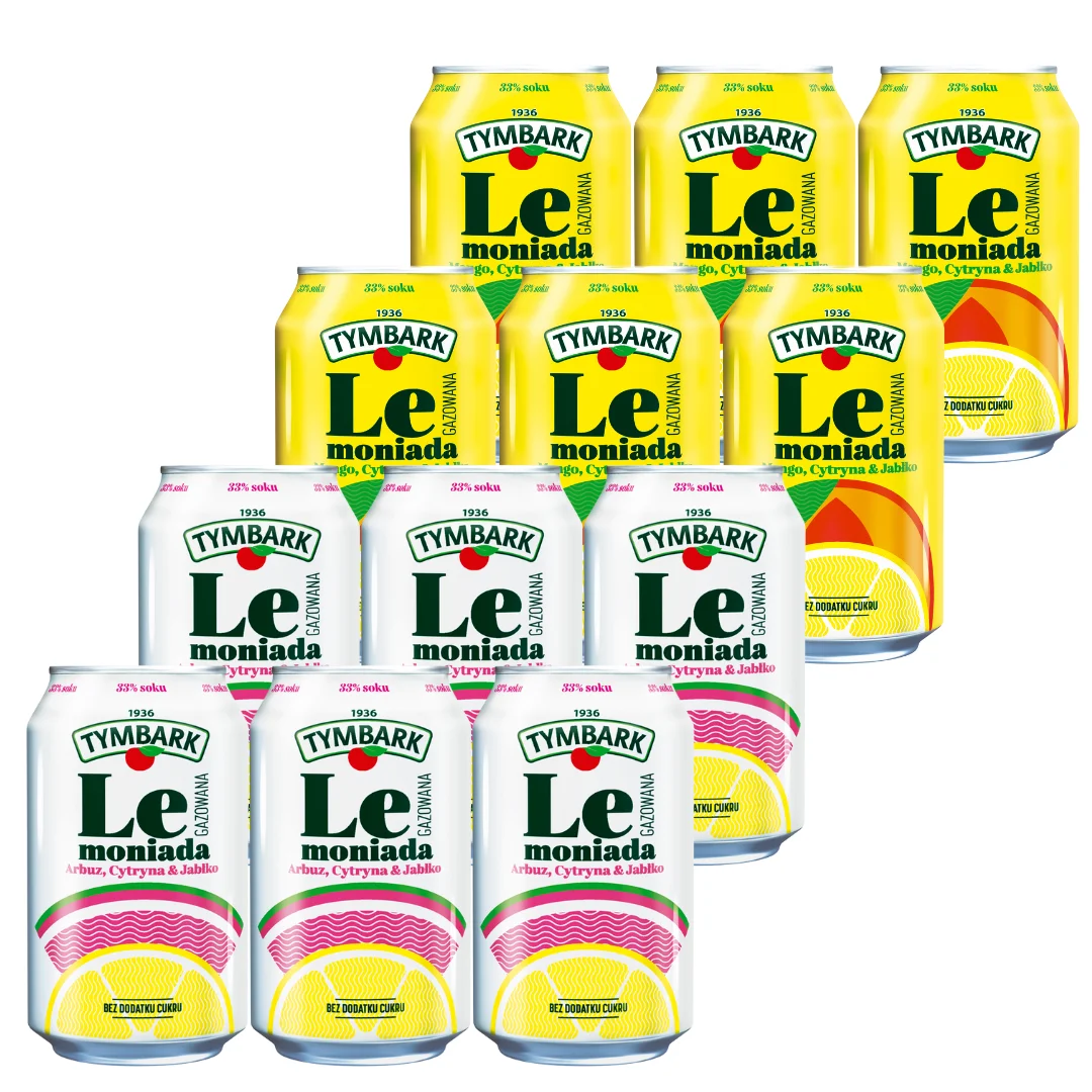 Tymbark Lemoniada gazowana mango & arbuz  cytryna & jabłko 330 ml x 12 sztuk