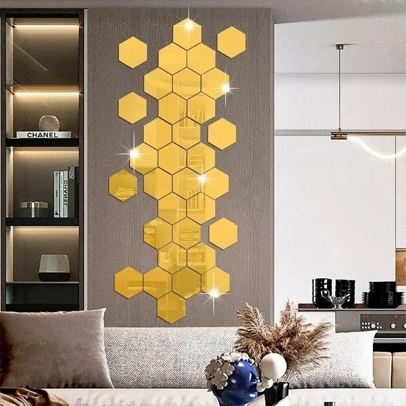 12 Uds. Pegatinas de pared de espejo hexagonal, autoadhesivas, pegatinas de pared removibles, azulejos de mosaico dorados y plateados, calcomanías para decoración del hogar y dormitorio