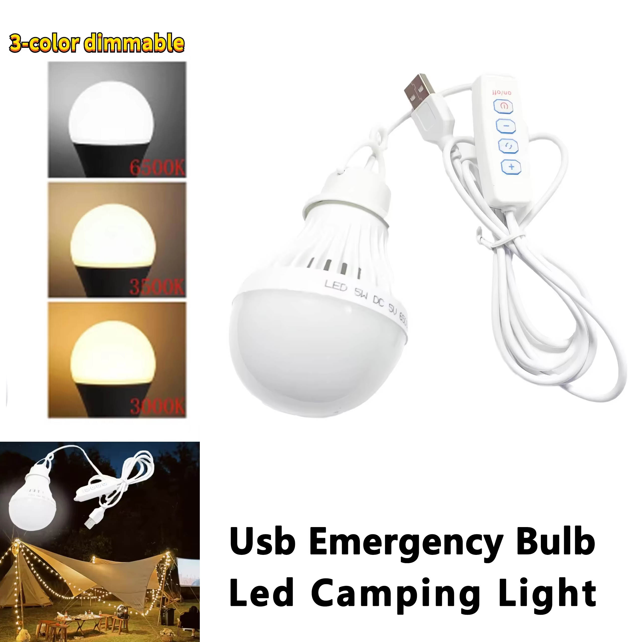 5W Led Camp Light Usb Emergency Bulb 3 Color Dimmable Hanging Tent Lamp for Work BBQ Fishing Repair Out Door Camping Equipment